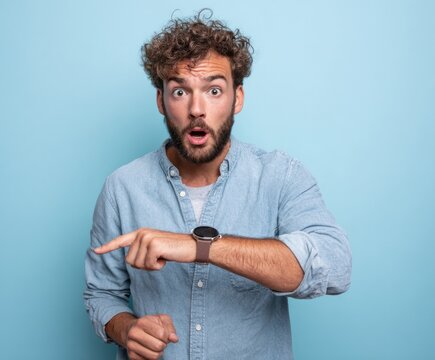 A man with curly hair, wearing a light blue button-up shirt, expresses astonishment while checking his wristwatch against a light blue background.