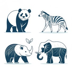 Fototapeta premium Set of four wild animal illustration isolated on white background