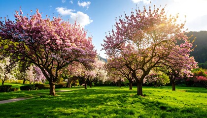 Obraz premium Spring blossoms in a park under a vibrant sky