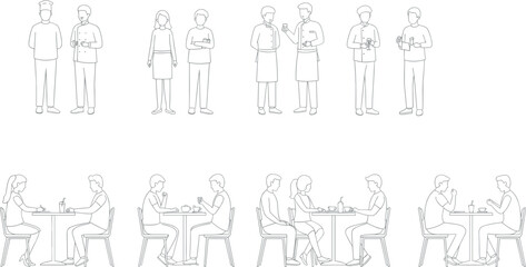 inimal line art illustration of people characters in daily activities, including sitting, reading, sleeping, working, drawing, relaxing, using gadgets, and casual lifestyle scenes