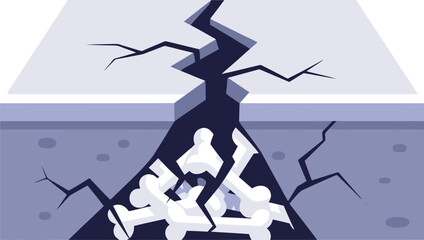 A large fissure in a concrete surface reveals a group of figures trapped beneath.