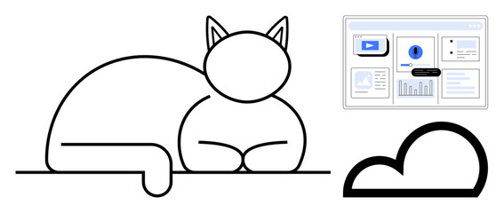 Black outline of a resting cat alongside a cloud icon and a screen showcasing a digital dashboard. Ideal for technology, data, minimalism, cloud storage, analytics, pets, creativity themes. Simple