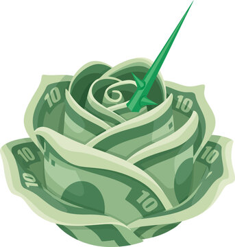 A stylized illustration of a rose formed from ten-dollar bills, with a green thorn.