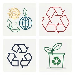 Obraz premium Four recycling symbols with leaf and globe isolated on white background