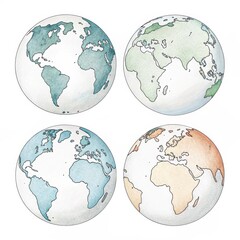 Four watercolor globes isolated on white background, different continents view