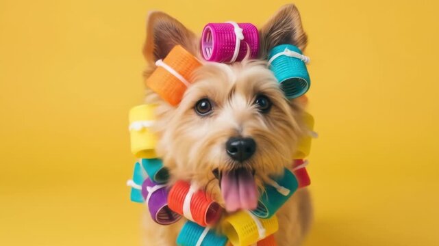 Adorable Doggy Spa Day: Colorful Hair Rollers & Yellow Background