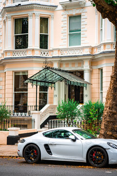 Porsche 718 Cayman GTS 4.0 Sports Car Parked, Victorian, Regency Terraced Townhouse Exterior, Holland Park, West London, England, UK - September 2025