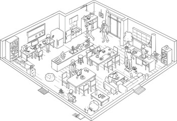 Isometric black and white illustration of modern smart home interior with people using digital devices, kitchen dining area, family lifestyle, work and relaxation scene
