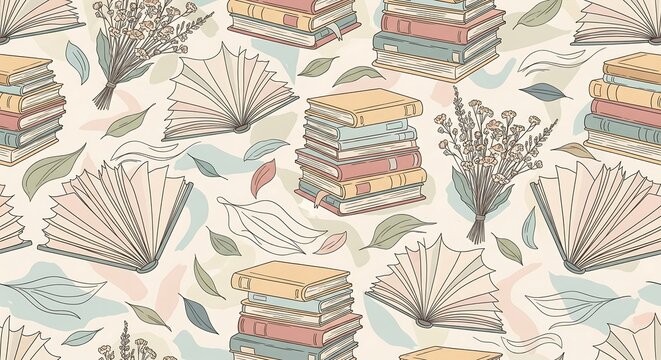 A charming seamless pattern featuring stacks of books, open books, dried flowers, and leaves. Soft pastel colors and a hand-drawn style create a cozy, bookish aesthetic.
