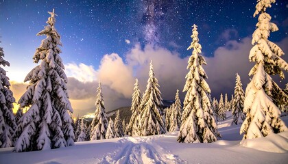 Snowy winter forest at night under a starry sky