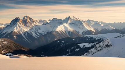 Snowy Mountain Peaks Under a Warm Sunset Glow With Snow Covered Plains and Evergreen Trees in the Foreground - Powered by Adobe