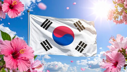 South Korea National Flag with Hibiscus Flowers and Blue Sky