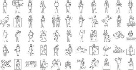 Set of diverse vector illustrations of people in different work activities, business tasks, office routines, lifestyle, gestures, and actions, all in line style, for modern design and professional use