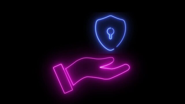 Neon light animation of hand holding shield icon