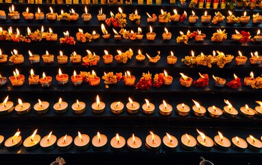 Rows of Burning Candles with Flowers, Spiritual Light, Illuminated Votive Candles, Temple Candles, Prayer Candles, Festive Candles