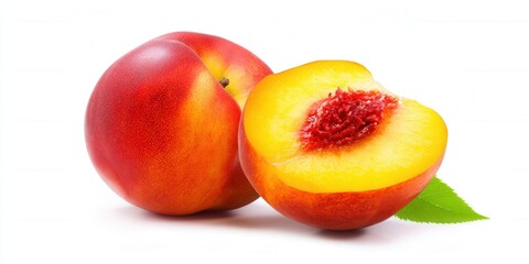 A beautifully lit shot of fresh, ripe nectarines, one cut open to show the juicy, vibrant fruit.