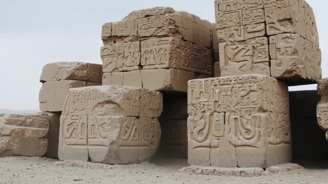Ancient stone blocks with carved hieroglyphs