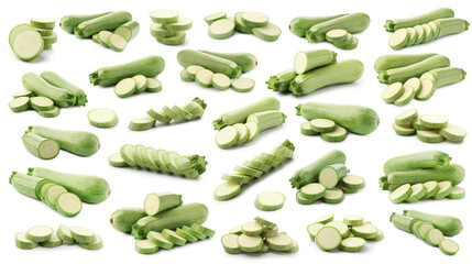 Fresh ripe zucchinis isolated on white, collage. Whole and cut