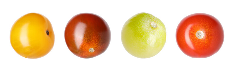 Different types of ripe tomatoes isolated on white, set
