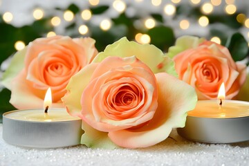 Romantic Peach Roses and Candles Festive Lights Background
