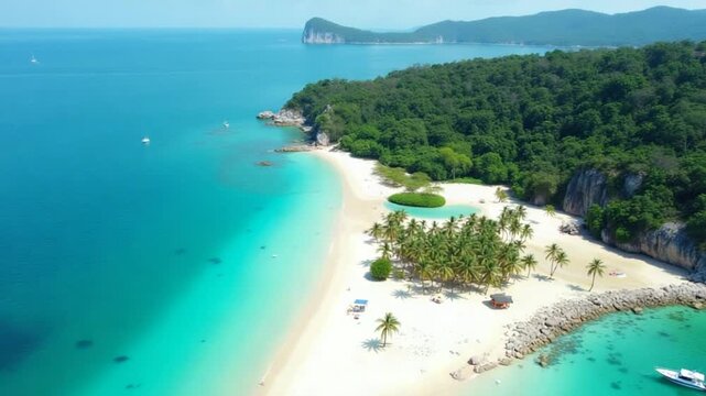 4K Aerial Drone Footage of John Suwan Viewpoint on Koh Tao , Featuring White Sand Beach, Crystal Clear Water, Palm Trees and Boats