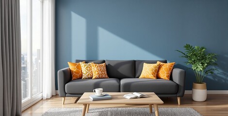 Stylish contemporary interior with blue wall, grey sofa, orange pillows, and potted plant in sunlight, creative home decor concept. Ai generative
