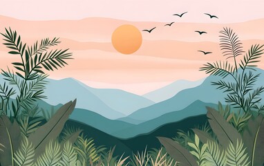 Serene Tropical Sunset Landscape Mountains and Lush Foliage
