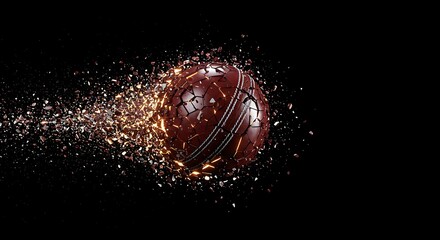 Dynamic motion capture of a cricket ball mid-flight, bursting with fiery sparks against a dark backdrop