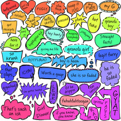 Collection of Slang Terms and Phrases used by Gen X Teens and Tweens In Speech Bubbles On Transparent Background
