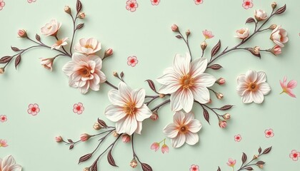 Delicate mint green floral wallpaper, Victorian aesthetic, intricate blooms on textured paper,   floral pattern,  classic