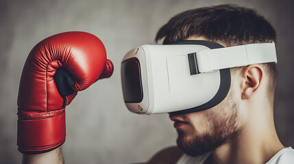Man Wearing VR Headset with Boxing Glove Raised