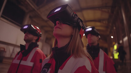Team of professionals using virtual reality headsets in an industrial setting