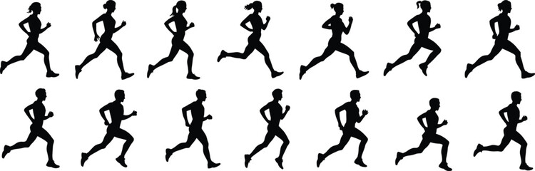 Set of vector silhouettes of women and men running, action poses, athletic movement, fitness, sport activities, runners, human body in motion, isolated black figures on transparent background