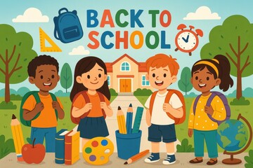 Creative back-to-school illustration with diverse children and colorful educational supplies on cheerful campus backdrop