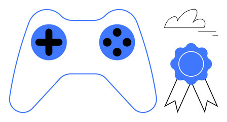 Gaming controller with buttons alongside an award ribbon and cloud. Ideal for gaming, competition, recognition, achievement, online events, e-sports, simple landing page