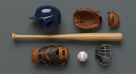 Top-down view of essential baseball gear including a wooden bat, leather gloves, ball, and protective helmet laid out on a gray surface