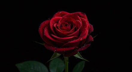 A red rose with water droplets stands out against a stark black background