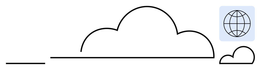 Cloud shapes and globe outline symbolize data storage, internet, and global communication. Ideal for technology, communication, connectivity, data sharing, cloud computing, innovation simple flat