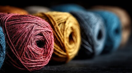 Close up shot of colorful yarn balls on a dark, textured surface. Great for crafting blogs, textile industry sites, and hobby-related content.