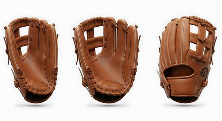 A classic brown leather baseball glove shown from three different angles, an iconic piece of sporting equipment for America's favorite pastime