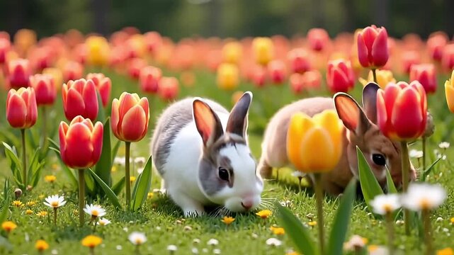 Adorable bunnies hop playfully through a vibrant tulip field, bringing springtime joy and charm to any project or design with their irresistible cuteness