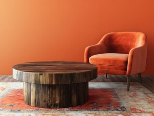 Modern Living Room Interior Design with Orange Velvet Chair and Wooden Coffee Table