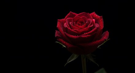 A velvetred rose speckled with water droplets stands out against a dark background