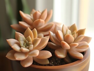 Peach Succulents in Wooden Pot Close Up Photo