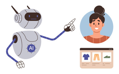 AI robot with interactive gesture pointing at virtual products, user avatar, and shopping interface. Ideal for e-commerce, AI assistant, personalization, digital innovation, technology, customer