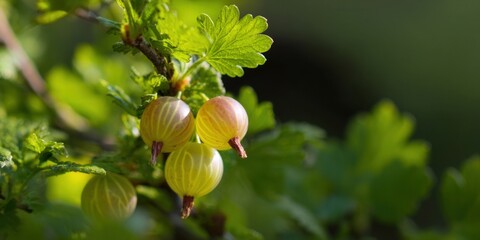 Vibrant gooseberries hanging on a branch with lush green leaves in the sunlight.