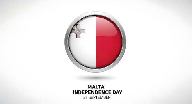 Malta Independence Day: Glossy Flag Button with Silver Frame on White Background