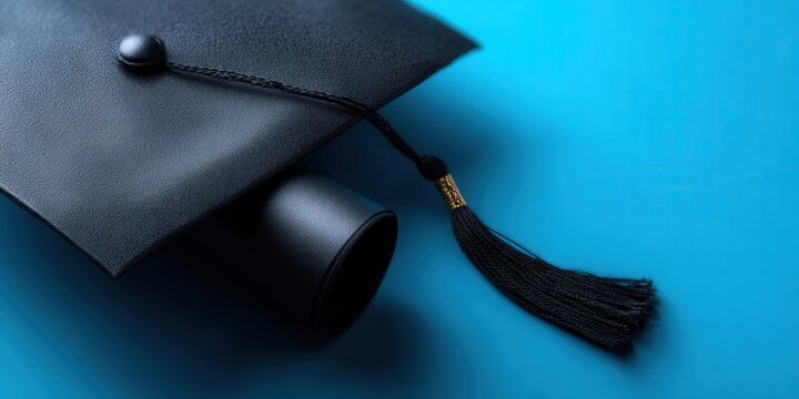 Close-up of graduation cap and diploma, representing academic achievement on blue.