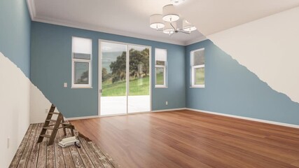 Male Hand Using Paint Brush to Reveal Before and After of Concept Line Drawing Design to Finished Master Bedroom Remodel.