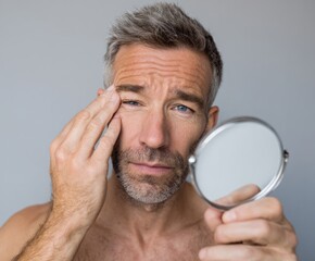 Obraz premium A man examines his face in a hand-held mirror, revealing lines and wrinkles, expressing a contemplative or perhaps concerned mood.